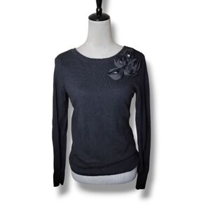 Carole Little Merino Wool Sweater M Satin Floral Appliqué Rhinestone Dressy